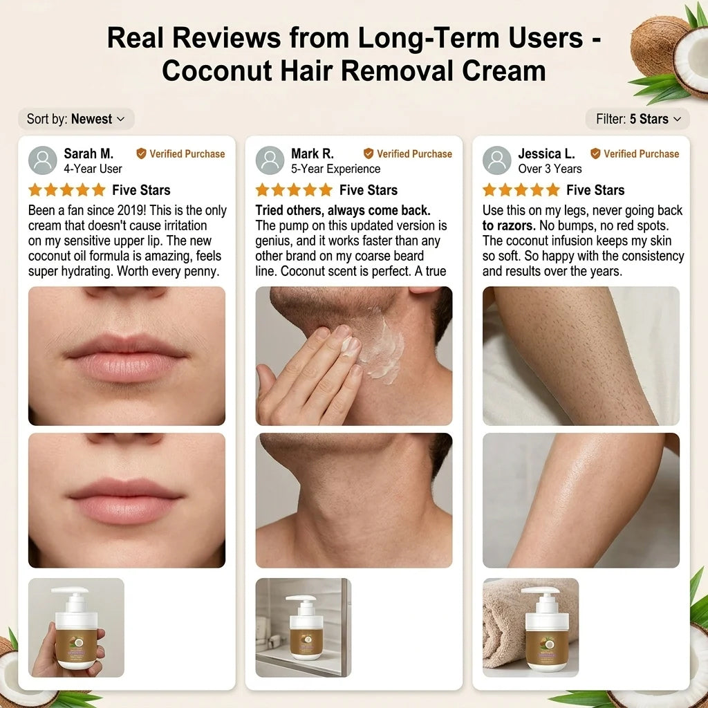 🥥 Painless Hair Removal — Face, Underarms, Legs, & Intimate Areas — Gentle Growth Inhibition: Coconut Hair Removal Cream