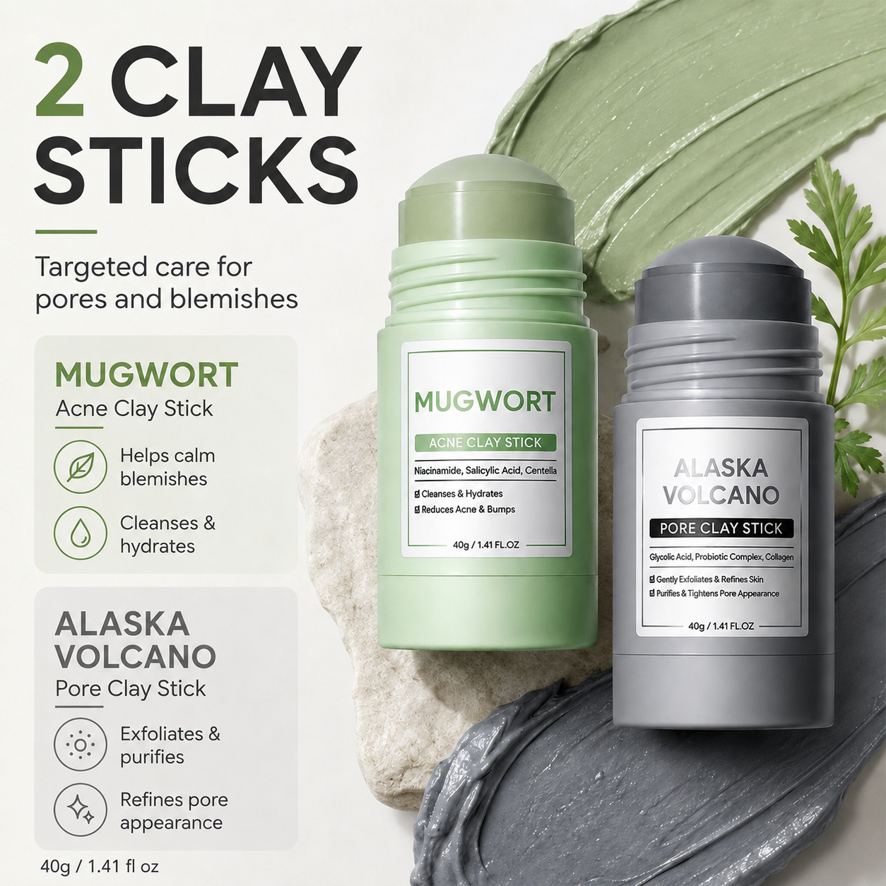 2pcs Blackhead Control & Acne Care Deep Cleansing Clay Stick Duo Set
