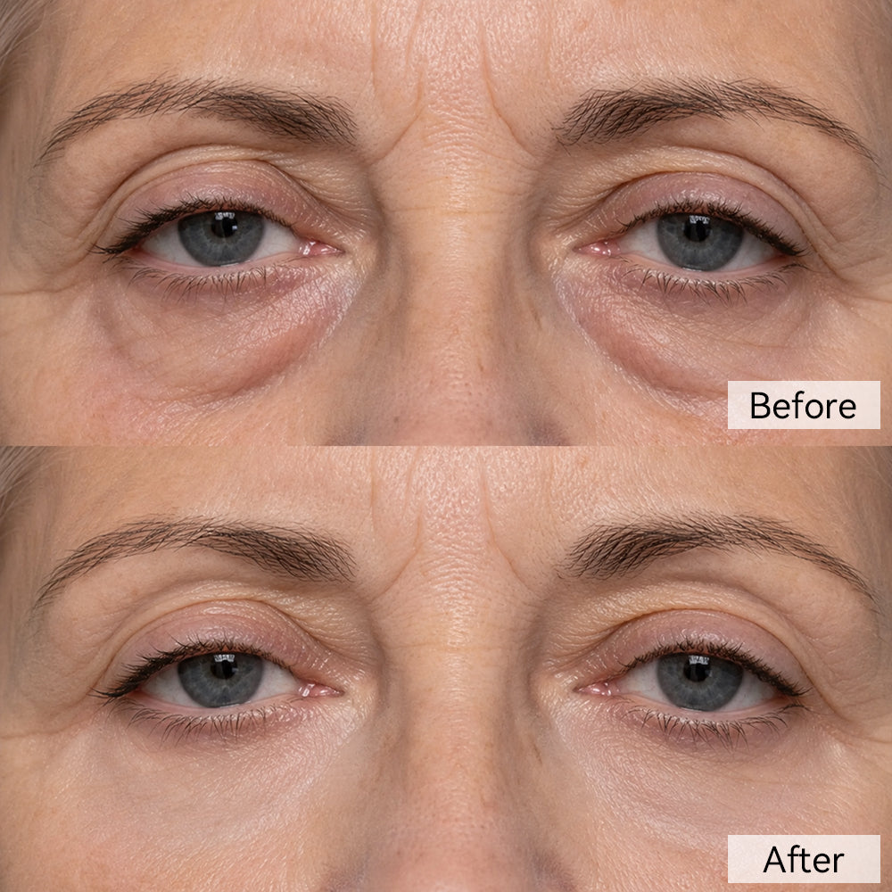 Before and after result showing the appearance of puffy under-eyes